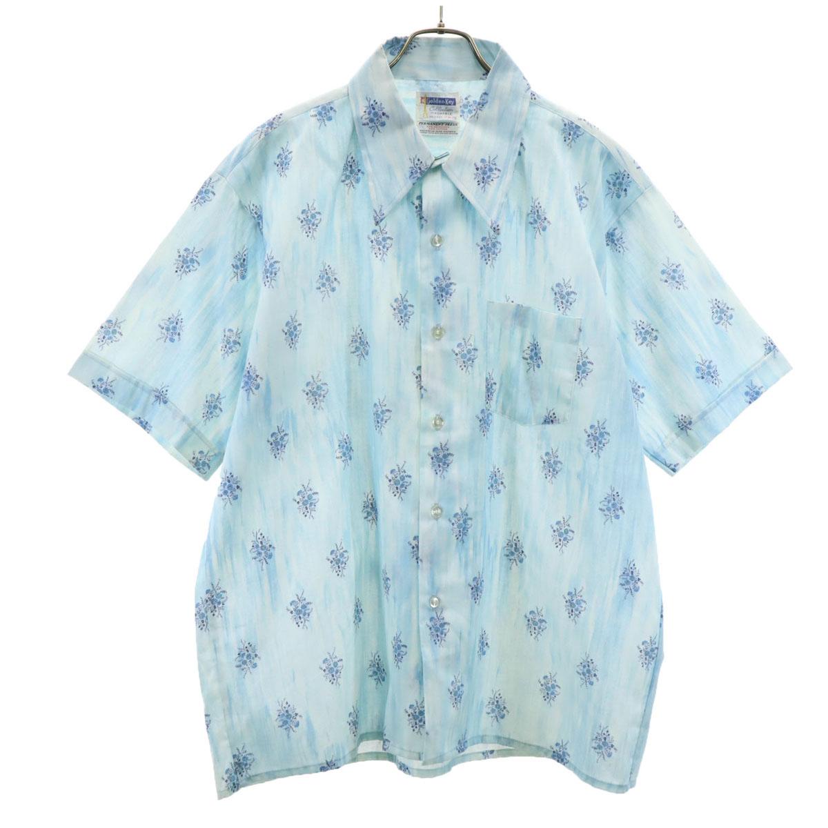 

Golden Key 70-е винтажная рубашка с цветочным принтом, короткий рукав, XL, светло-голубая, мужская, б/у