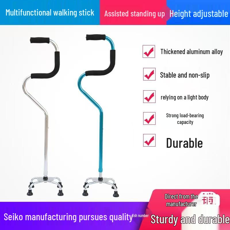 Bengala Quádrupla Ajustável em Altura, Liga de Alumínio e Aço Inoxidável Telescópica para Idosos.