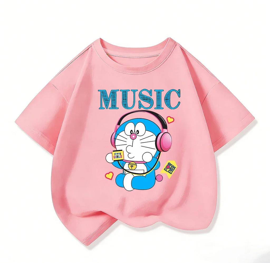 Summer Kids Crew Neck T Shirt Cute Kawaii Cartoon Print Fashion Street Tops For Boys Girls Doraemon Casual Outfit 314Y
