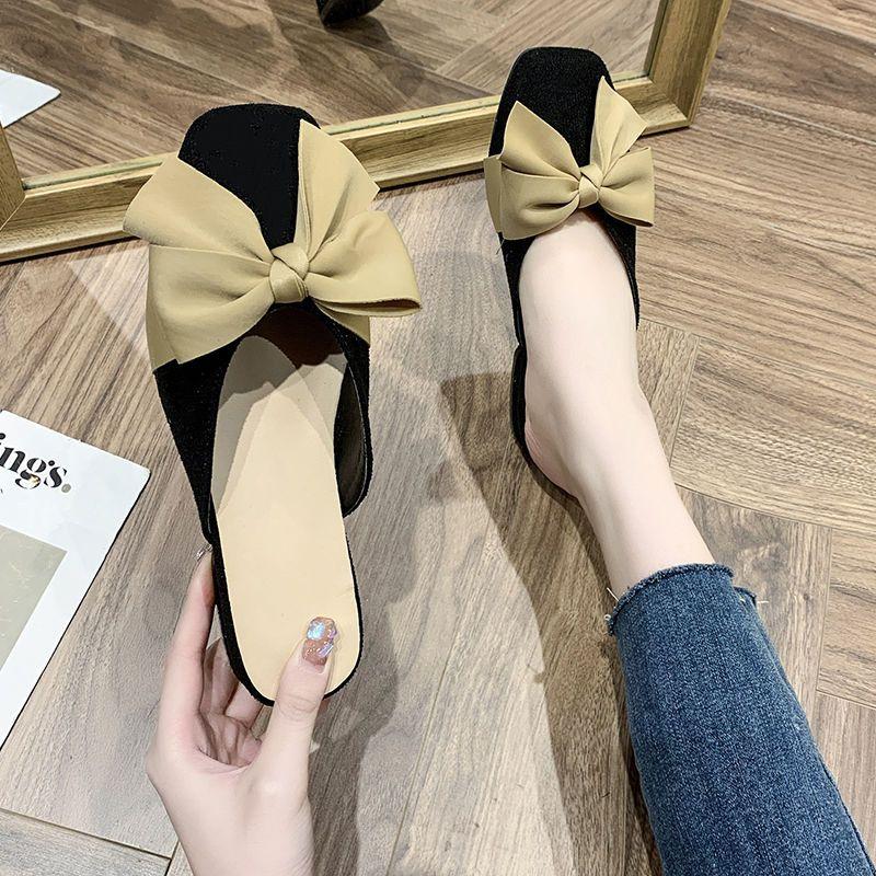 Woman Mules Low Heel with Bow Shoes for Women Slides Black Sandals 2025 Luxury Slip-resistant H Sandal Chic and Elegant Slippers