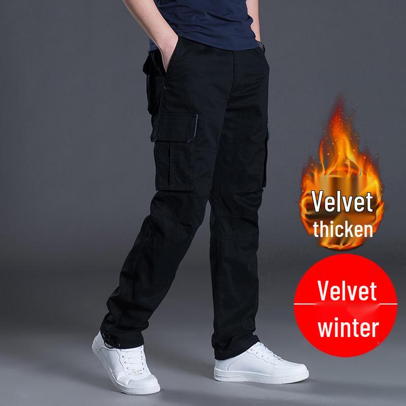 Herren Trendige Fleecegefütterte Cargohose - Mitteldick, Mehrere Taschen, Übergröße, Lockerer gerader Schnitt für Herbst/Winter