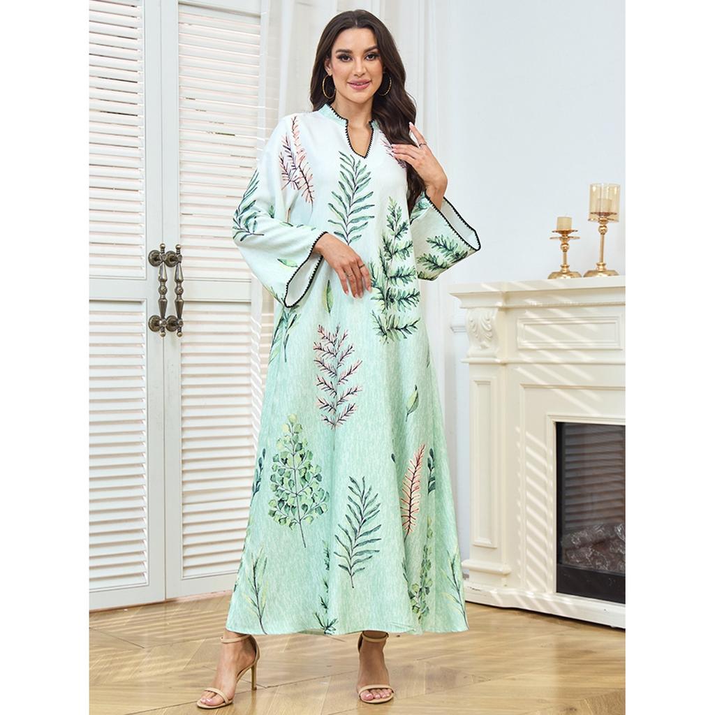 kpoooopstar Women's Casual Maxi Dress - Light Green Plant Print Arabian Style