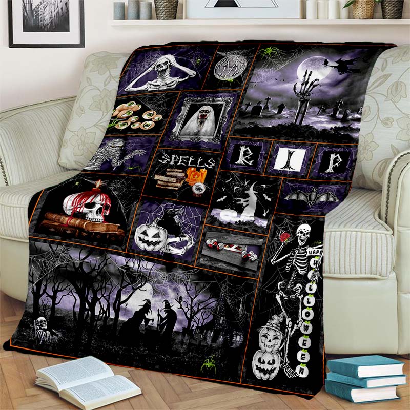 Halloween Pumpkin Ghost Print Flannel Blanket Cozy Warm Throw Bedroom Sofa Present Indoor Home Holiday Lounge Bedding Decor