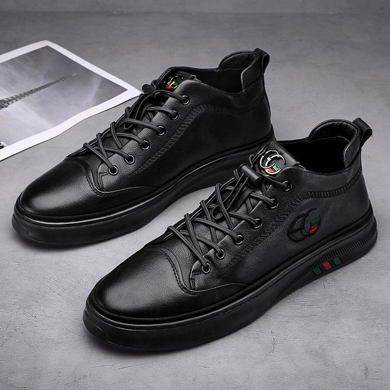 Men's Leather High-top Sneakers Casual Lace-up Non-slip Black Walking Shoes