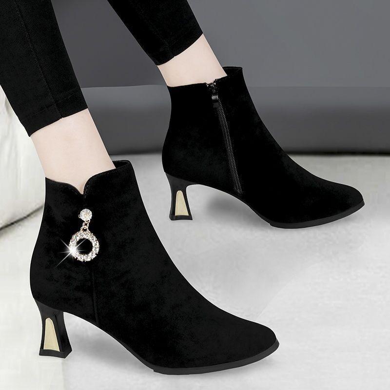 New Pointed Stiletto Boots High Heels Short Thermal Bare Boots Autumn and Winter Velvet Martin Boots Women