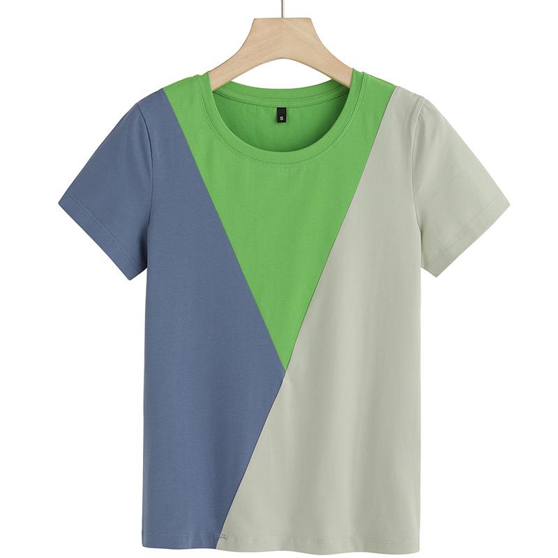 2026 Spring/Summer Women's Color Block Round Neck Stylish Patchwork T-Shirt, Short Sleeve 6919