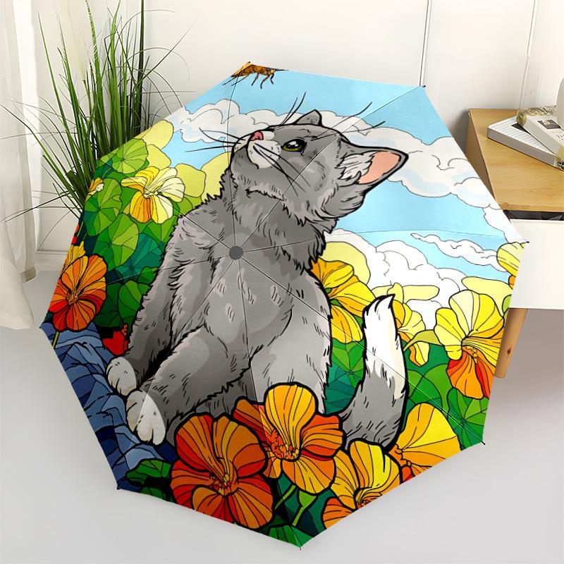 

1pc Cat Flowers Automatic Opening/Closing Folding Umbrella with 8 Ribs,Windproof Portable Sunshade Umbrella Holiday gift yy260401086