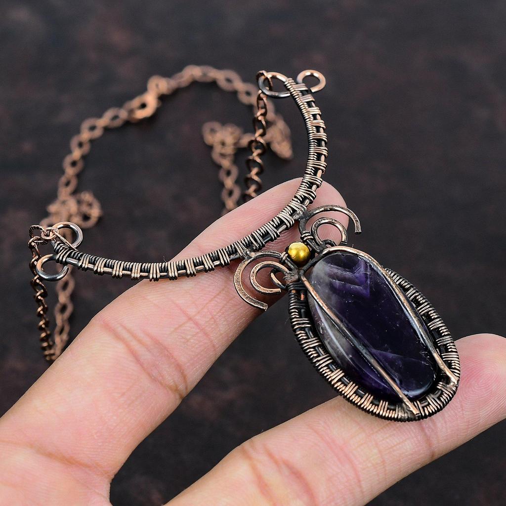 Colier Ametist Chevron Înfășurat în Sârmă de Cupru Colier Ajustabil Bijuterii cu Pietre Prețioase Handmade Colier Nou-nouț Colier Înfășurat în Sârmă de Cupru