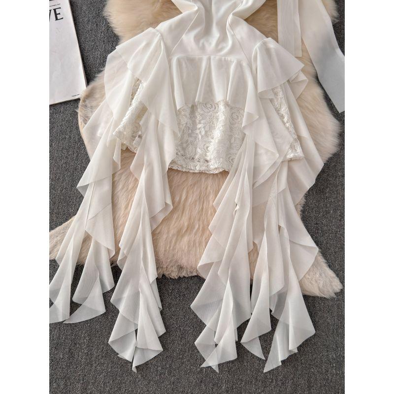 French Style Pure Desire Style Tube Top Dress Women's Summer Lace Asymmetrical Ruffles Ribbon Stylish Sexy Skirt