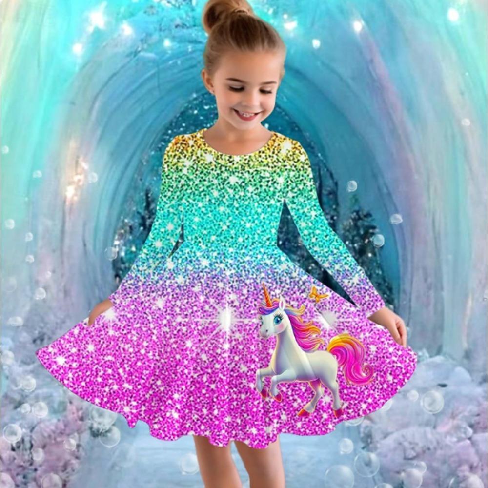 Abito Casual da Ragazza con Stampa Unicorno 3D Girocollo Manica Lunga Abito da Principessa per Bambina