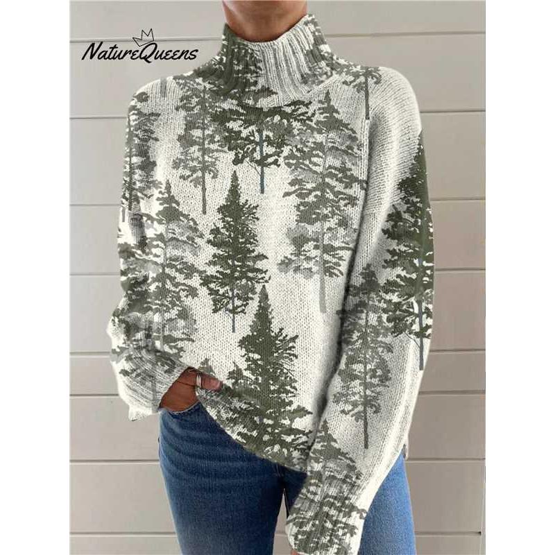 Womens Christmas Print High Neck Sweater Loose Fit Casual Long Sleeve Top