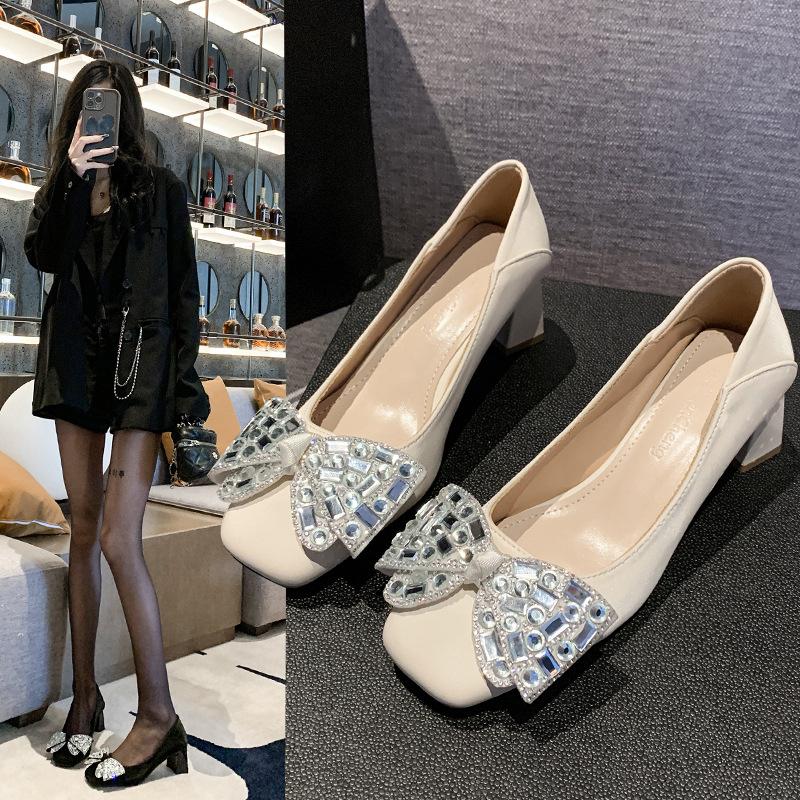 2024 summer new British style round head rhinestone bow fashion light mouth thick heel fashion single shoes spot