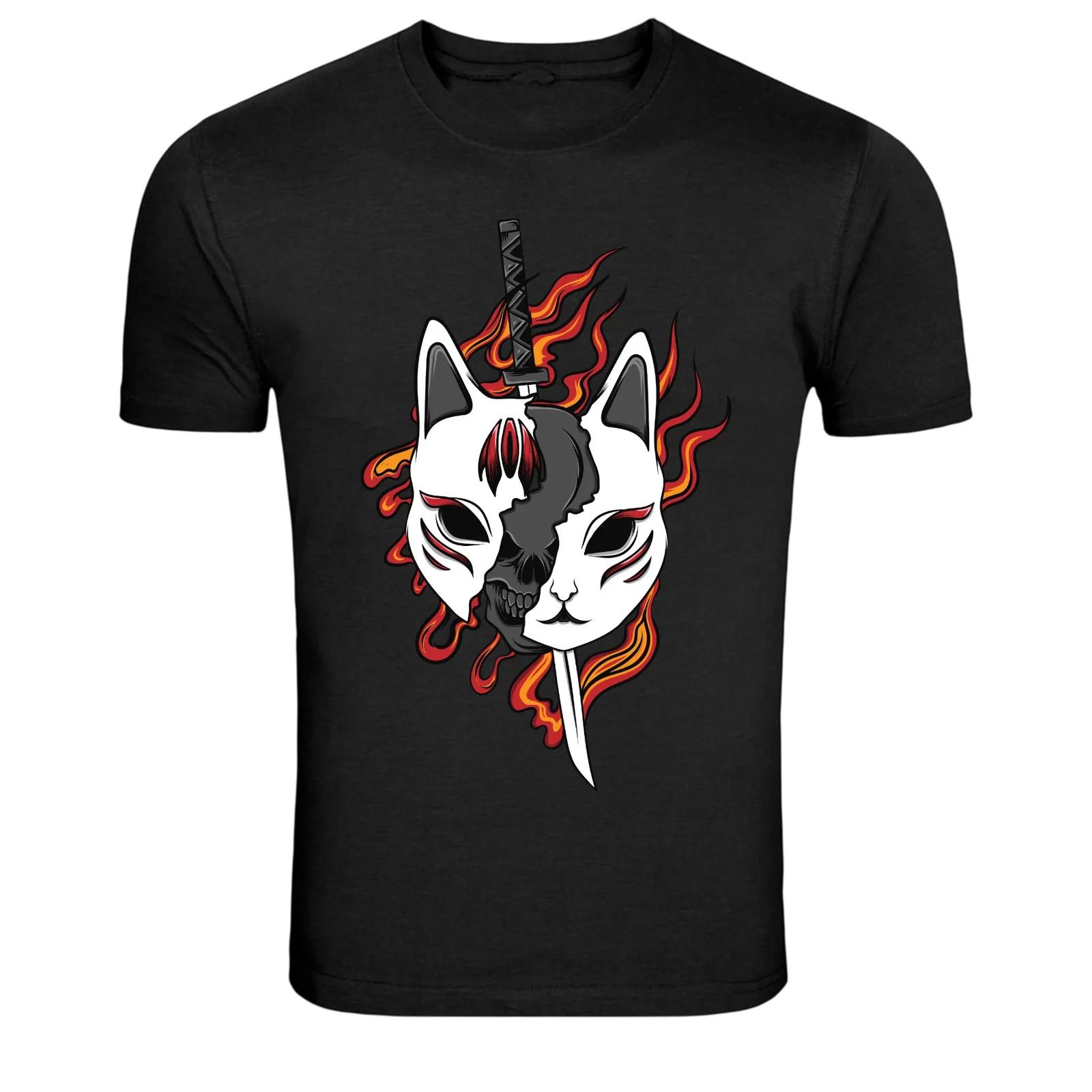 Flaming Cat Skull Samurai Mask Graphic T-Shirt L