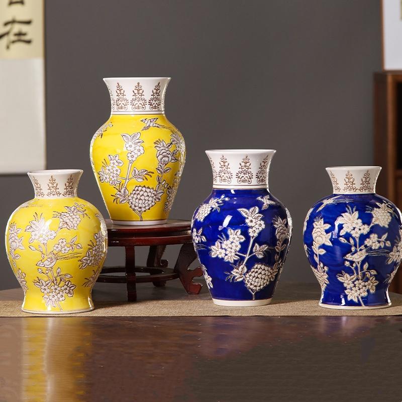 Gelbe Keramikvase Qinghua Porzellan Vintage Porzellanvase Chinesischer Stil Blumenvase Terrarium Raumdekoration Zubehör