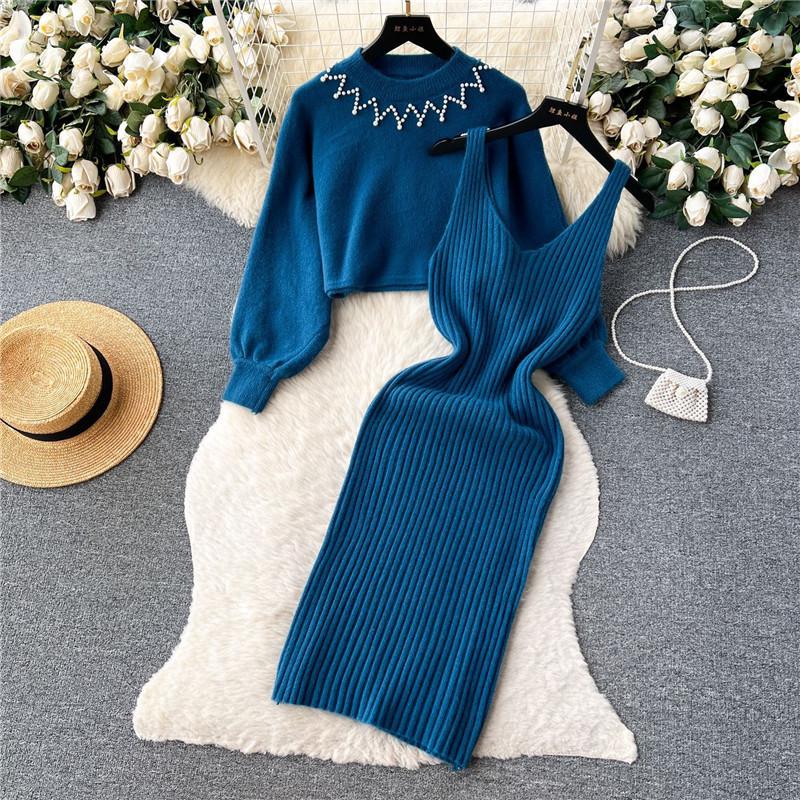 Xiaoxiang Style Beaded High-Waist Two-Piece Sweater and Suspender Dress Set for Autumn/Winter 2024
