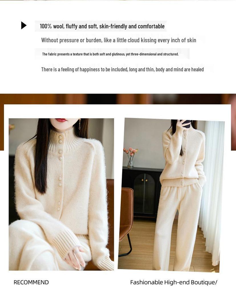 Women's Solid Color Wool Cardigan - High Neck, Long Sleeve, Loose Fit Sweater
