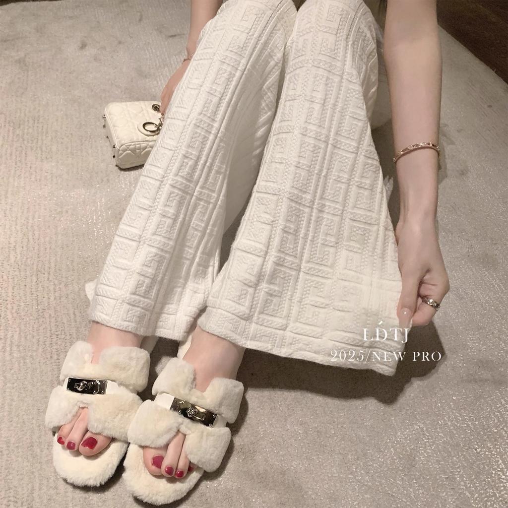 Suding Home "Mao Mao Tuo" Summer Gentle Fashion Versatile Premium Sense Flat Bottom One Word Plush Cotton Slippers Women's New