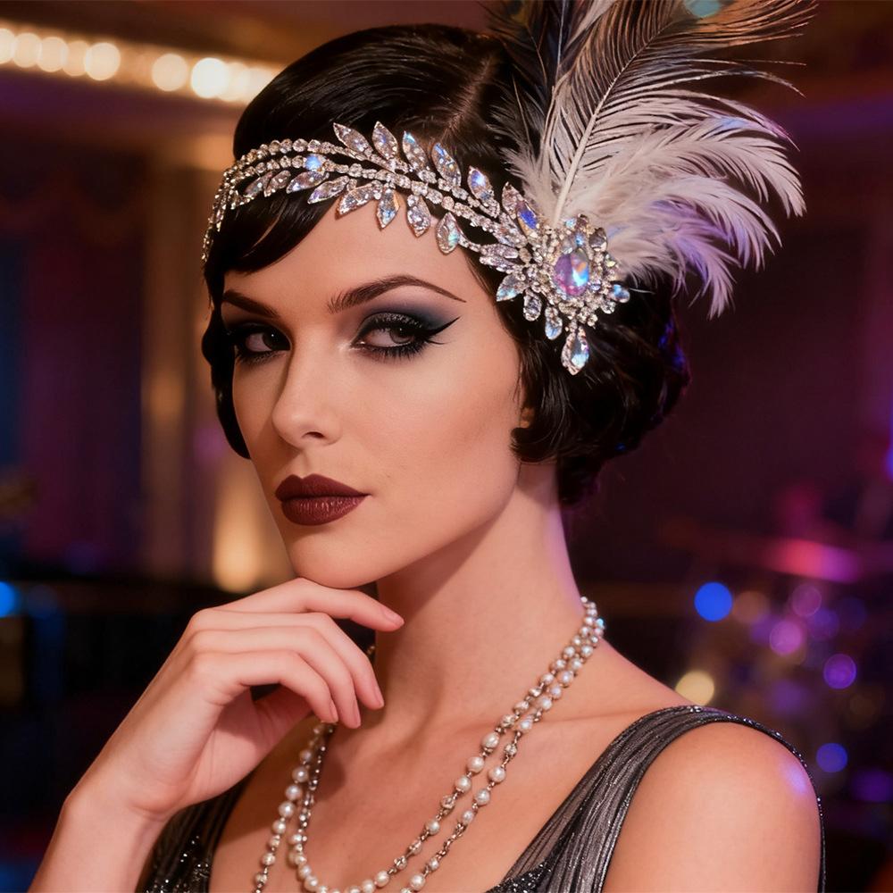1920er Jahre Great Gatsby Feder Stirnband für Damen Vintage Strass Flapper Kopfschmuck Roaring 20s Party Haar Accessoires