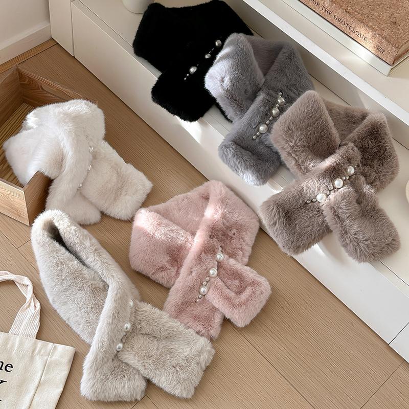 Damen Elegant Perle Plüsch Schal Einfarbig Kunstkaninchenfell Kreuzschal Snood JK Koreanische Mädchen Nackenwärmer Kragen Halstuch
