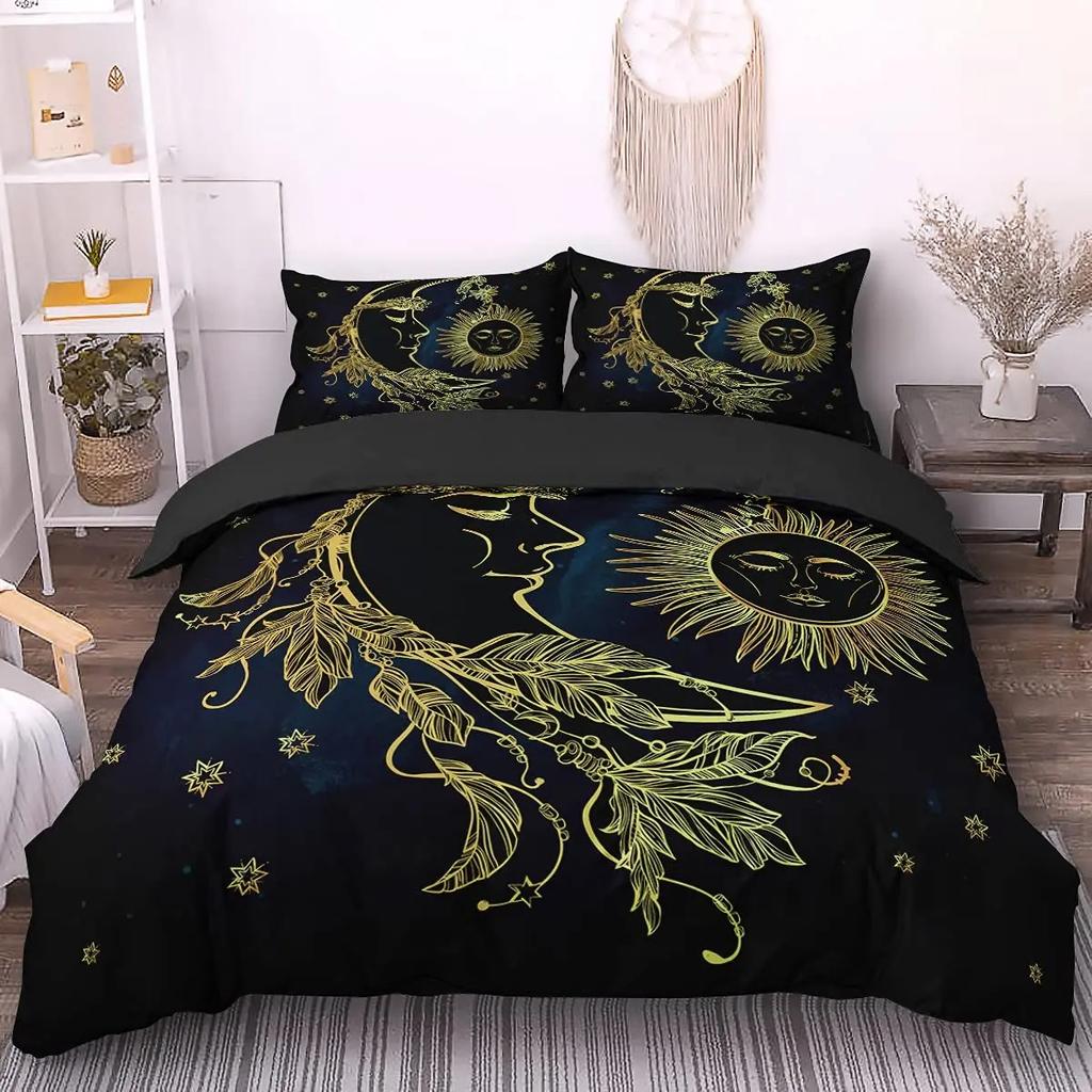 Duvet Cover Set Golden Sun and Moon Boho Mysterious Color Home Decor Bedding Set Adults Gifts with Zipper Decorative Quilt Cover