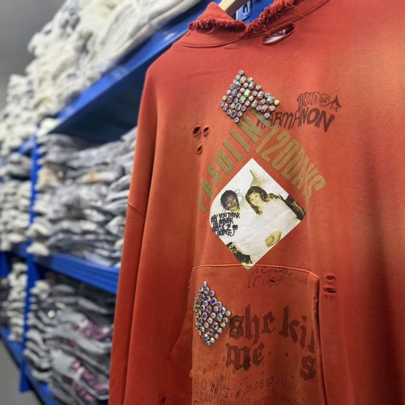 Mens Oversized Hooded Sweatshirt With Washed Vintage Finish Hand-Applied Bead Embellishment