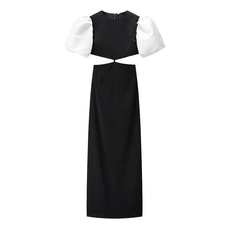 

Spring and Summer New Women s Clothing American Commute Style round Neck Short Sleeve Midriff Outfit Long Cut Out A- line Midi Skirt Dress Black L