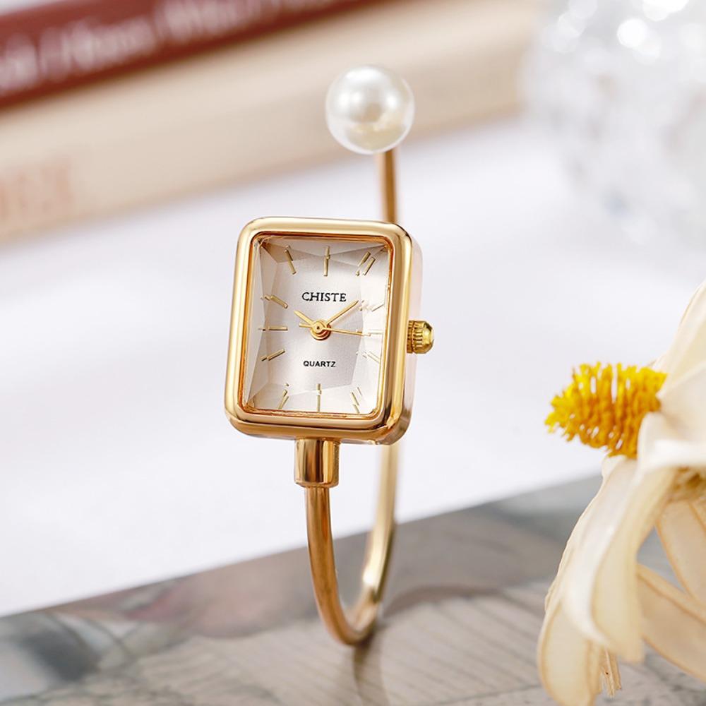 Square Dial Pearl Bracelet Watch Open Bracelet Female Wristwatch Fashion Quartz Watch Women