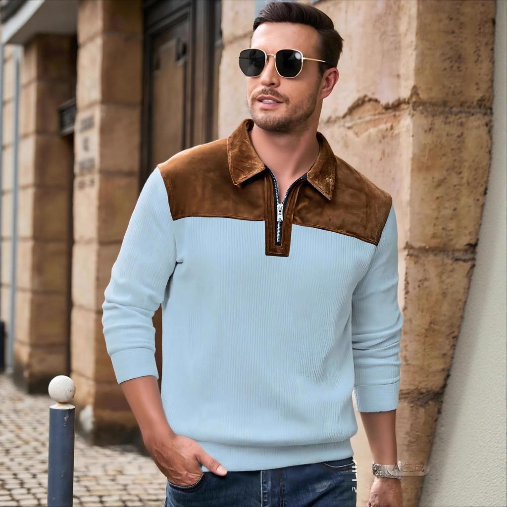 New Spring Autumn Casual Suede Polo Sweatshirt Men Stylish Knit Patchwork Textured Polo Shirts Mens Vintage Half-zip Lapel Jumper Tops