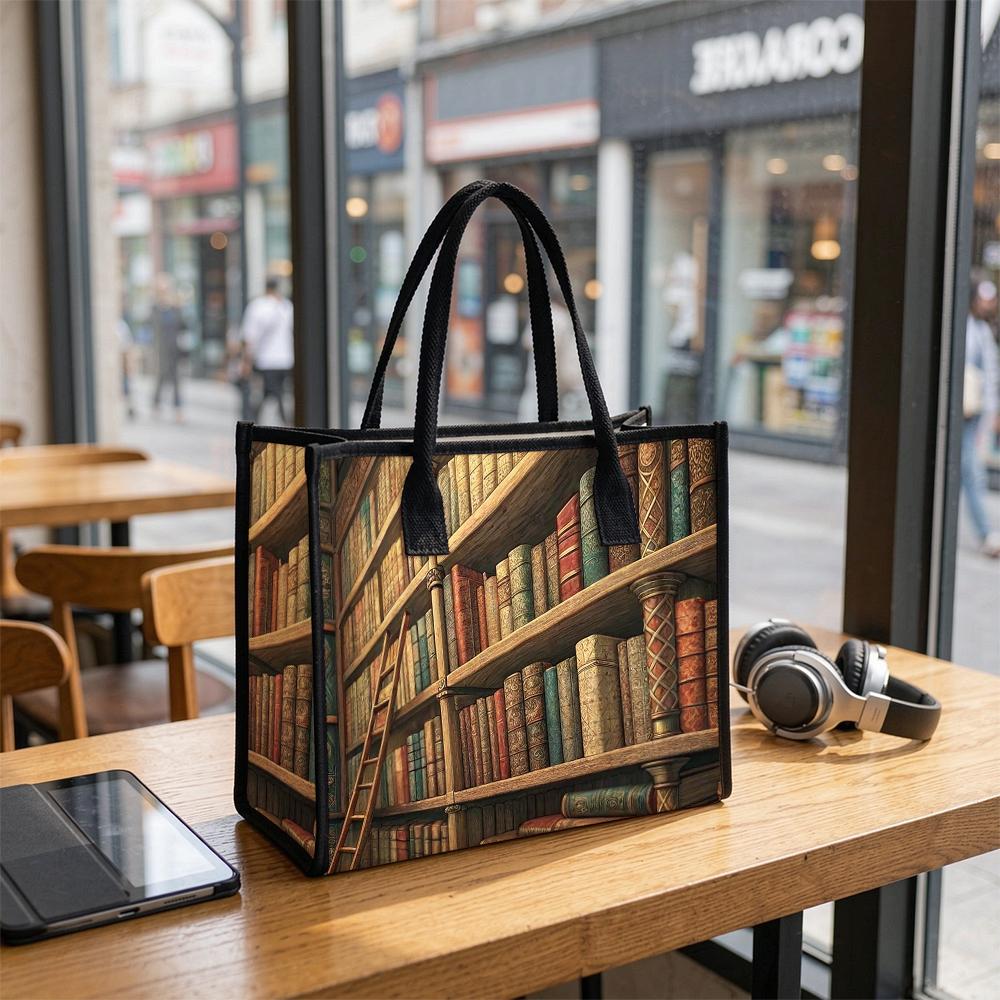 Vintage Library Book Shelf Print Tote Bag Casual Large Capacity Daily Shoulder Bag for Book Lovers