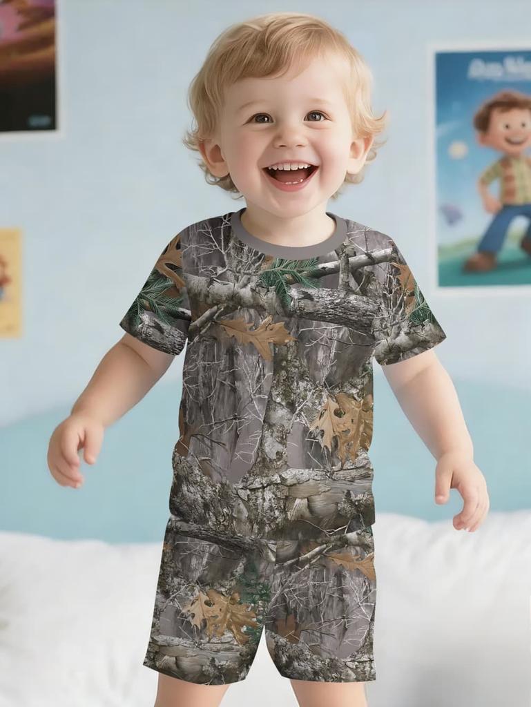 Camouflage Hunting Boys Set Forest Print Sport Short Sleeve Shorts 2-Piece Set Trip Tactical Training Oversize Top Kids Clothing