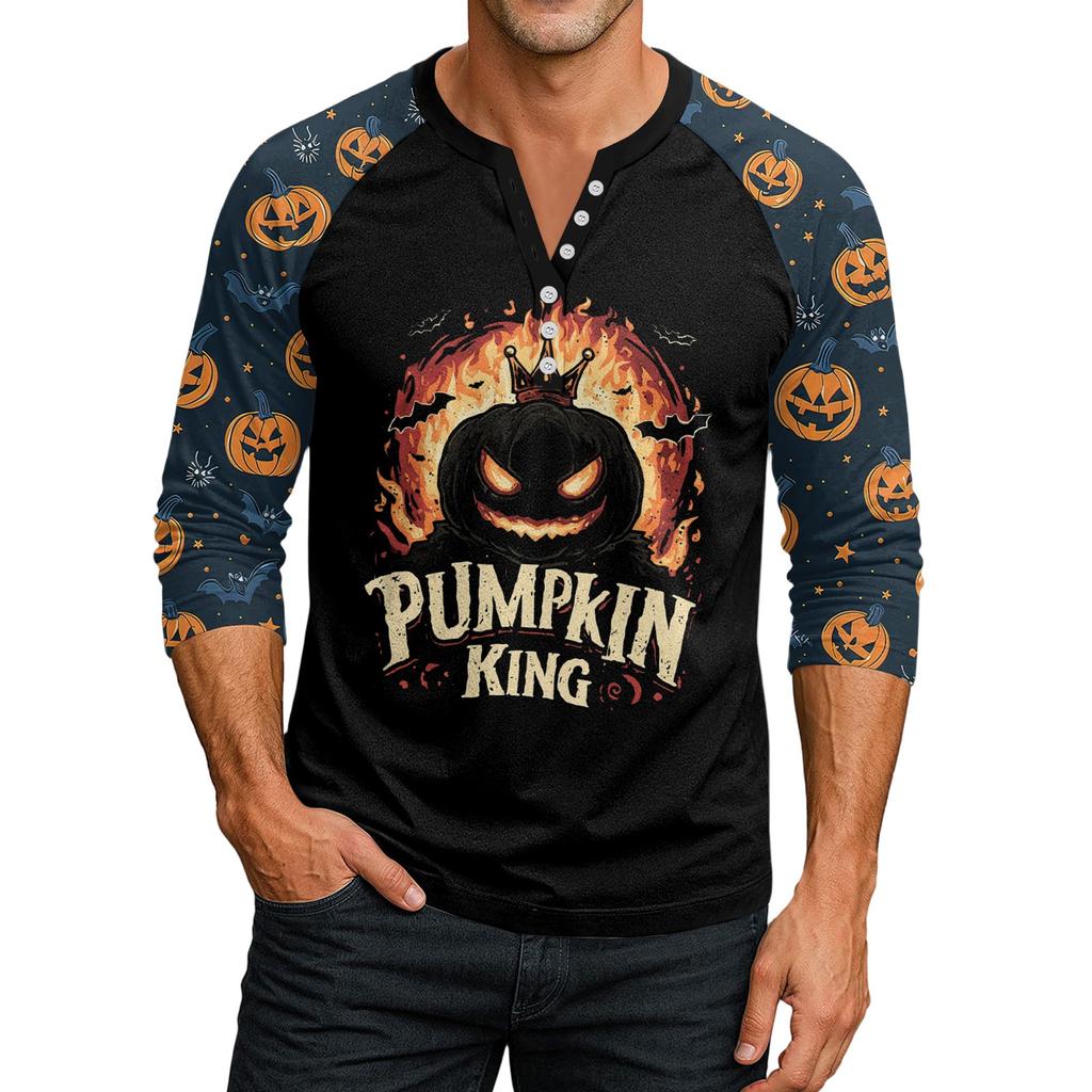 Men's Button-Down Contrast Raglan 3/4 Sleeve Top