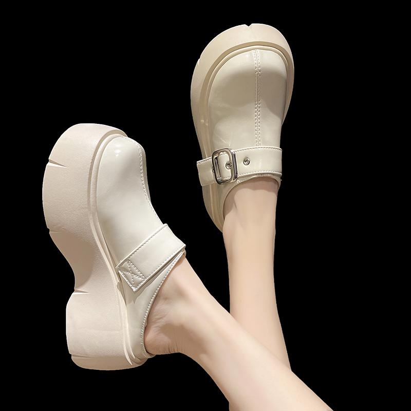 Fashion Baotou Slope Slippers Spring New Round Head Deep Mouth Rivets Metal Buckle Waterproof Platform Non-slip High Heels