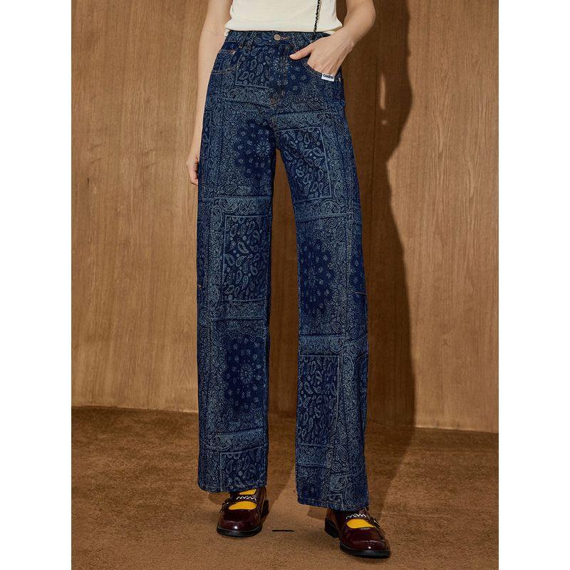 Coolhut2025 Autum Washed High Street Design Paisley Pattern Wide-Leg Women's High-Waisted Jeans