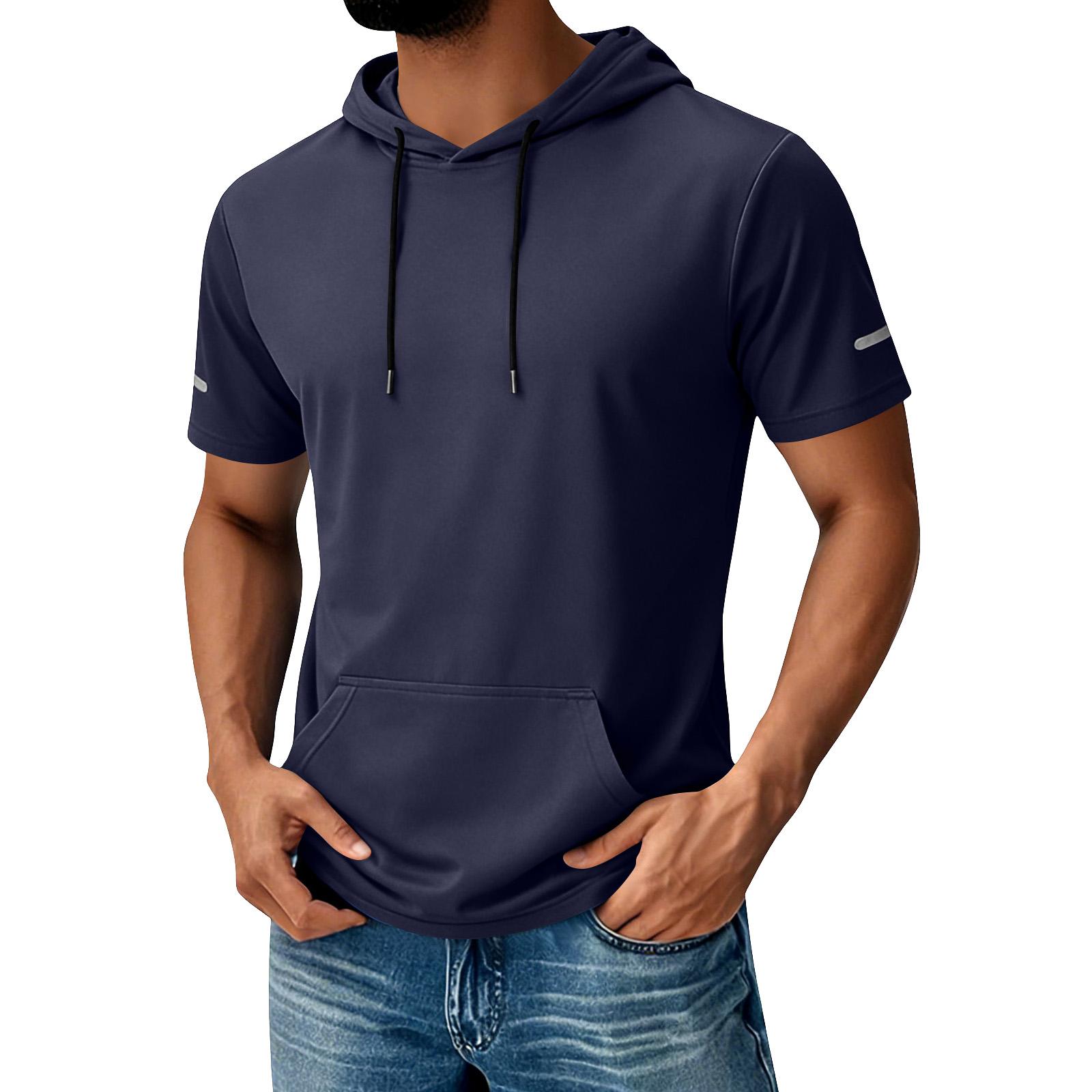 Men s Hooded Pocket Top  Men s Casual Sports Quick Drying Short Sleeved Top M тёмно-синий