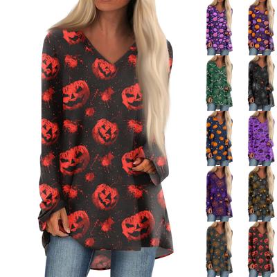 Camiseta Feminina da Moda e Casual com Estampa de Halloween, Manga Comprida, Decote V, Top de Comprimento Médio