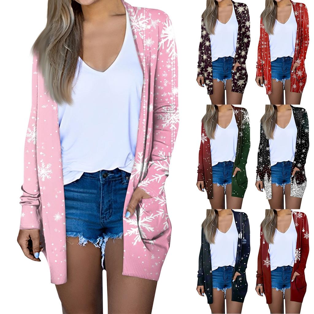 Women's Fashion Casual Christmas Printed Mid-Length Cardigan Long Sleeve Jacket