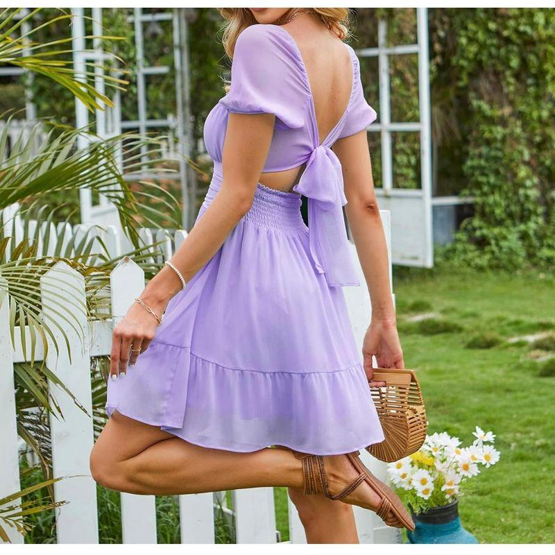 

French style Attractive Violet Puff sleeve Lace-up Waist Hugging Vacation Style Ins Large Swing Skirt Dress plus Plus size Violet X L