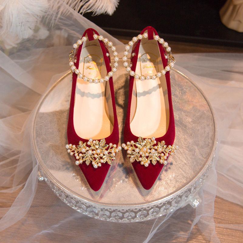 Pantofi de Nuntă Xiuhe cu Toc Înalt din Piele Suede Burgundy pentru Mirese și Femei Gravide