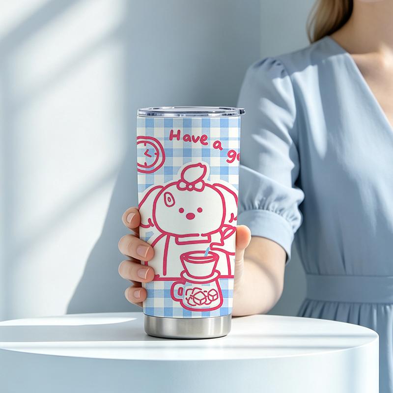 591ml Car Tumbler(1 Random Straw Included)Blue Plaid Coffee Dog MotifStraight Travel Mug Outdoor Portable Cup Large Iced Cup 591ml Car Tumbler