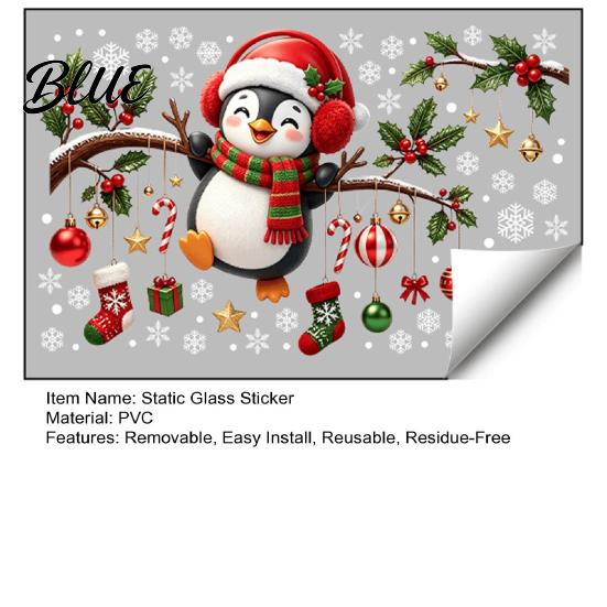 PVC Static Sticker Sheets Christmas Window Cling, Penguin Decal with Holly Baubles Snowflakes, Holiday Glass Decorations Festive Decor for Home Living