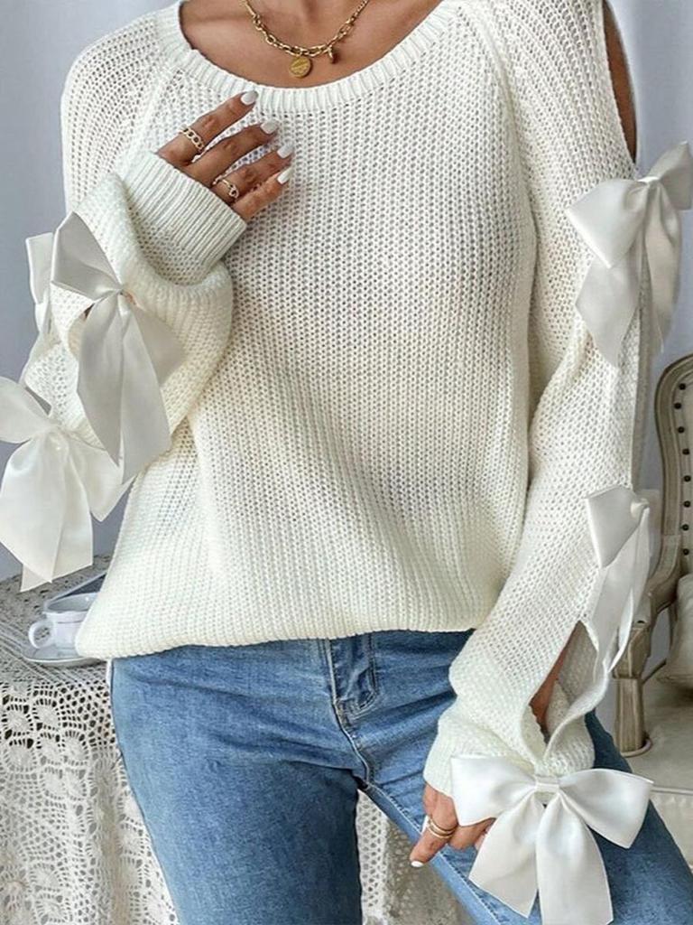 Fashion Autumn New French Style Round Neck Bow Decorated Long Sleeve Loose Knit Set Sweater for Women