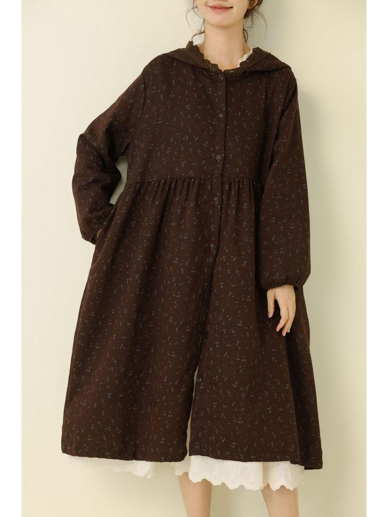 Herbst/Winter Floral Mori Stil Kapuzen Baumwolle Leinen Kleid Mantel für Damen