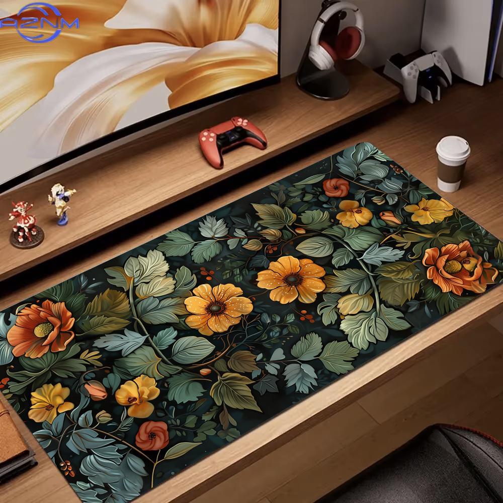 Retro Flower Art Rendering Mouse Pad Desk Mat Gaming Mat Gamer Pc Accessories Keypad Expansion Pads Rubber Antislip Office Pads