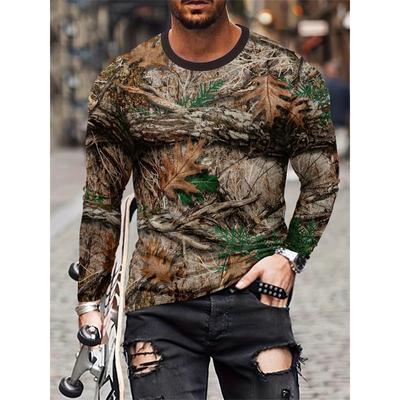 Camiseta Retro de Manga Larga para Hombre Otoño Cuello Redondo Patrón Estampado Camuflaje Ropa Casual High Street Tallas Grandes Tops para Hombre