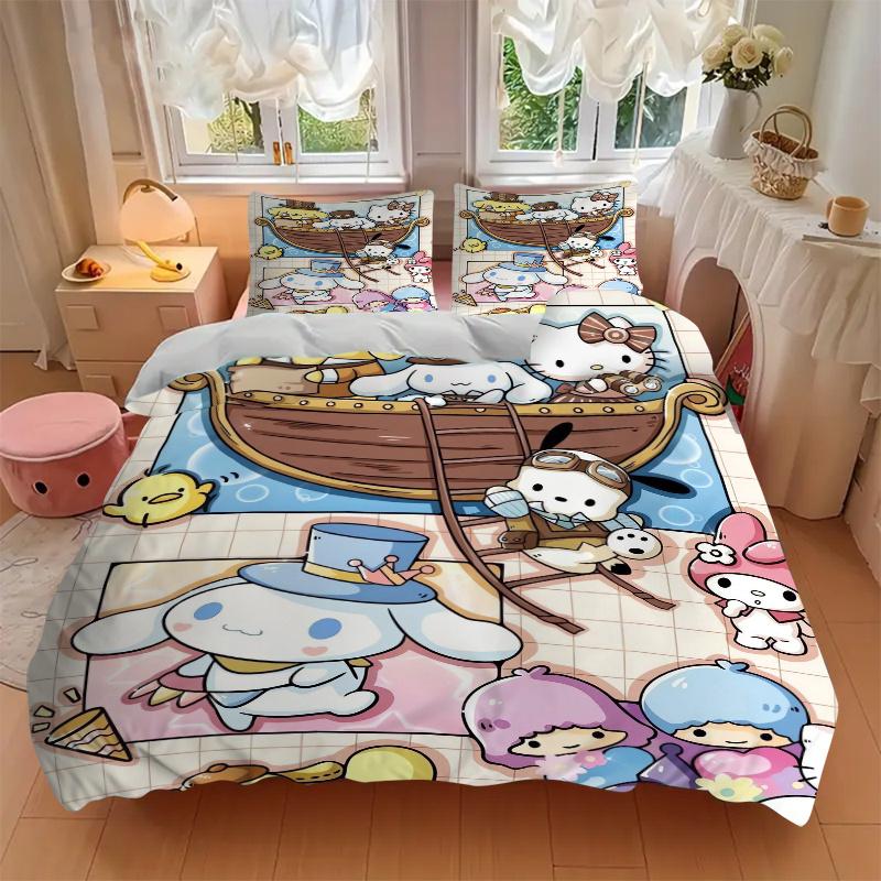 3pcs Pom Pom Purin Cinnamoroll Hello Kitty & Friends Quilt Set Soft and Comfortable Bedroom, Guest Room and Dorm Decor Bedding Set W080