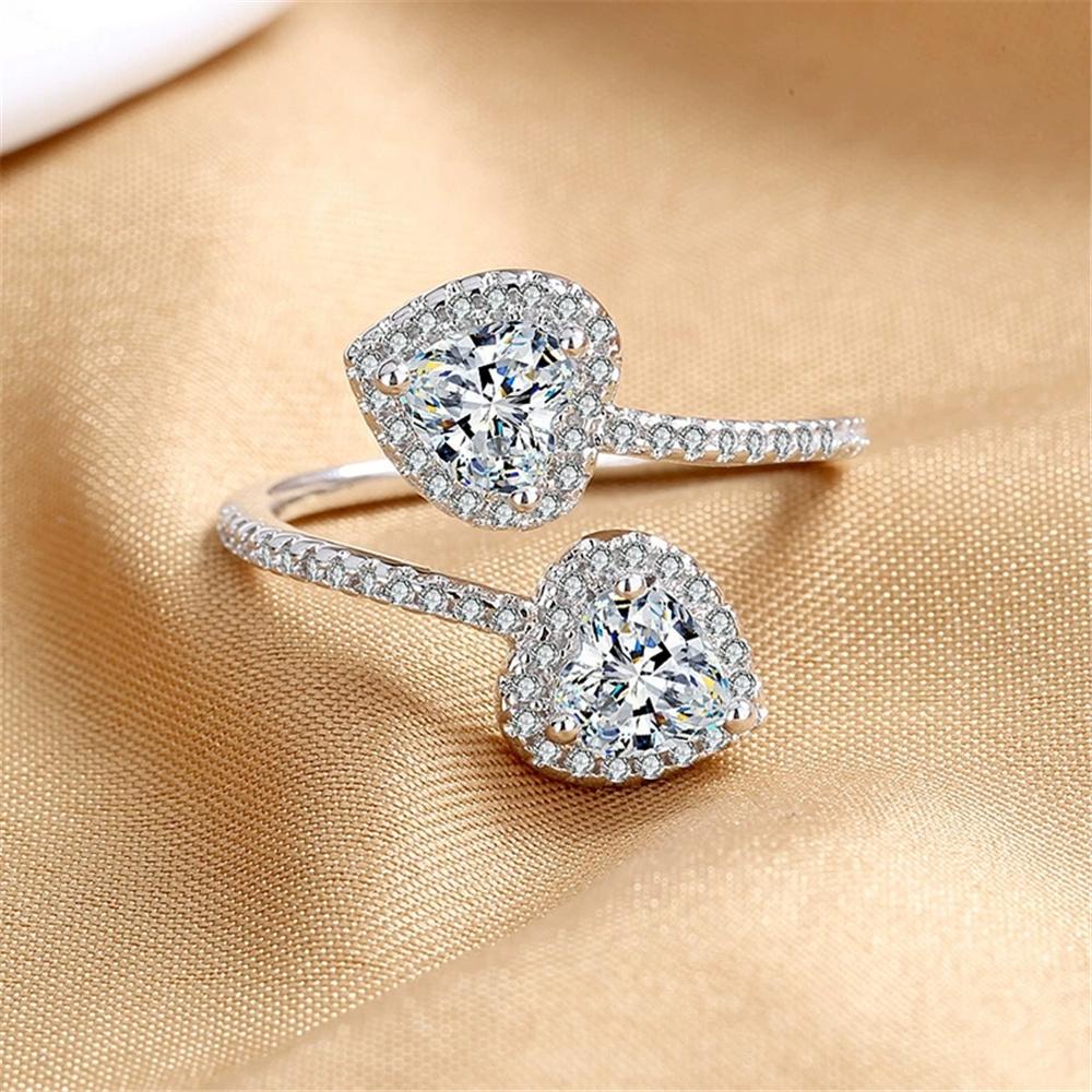 Cute Female White Zircon Stone Silver Color Heart Wedding Rings Promise Open Adjustable Engagement  For Women