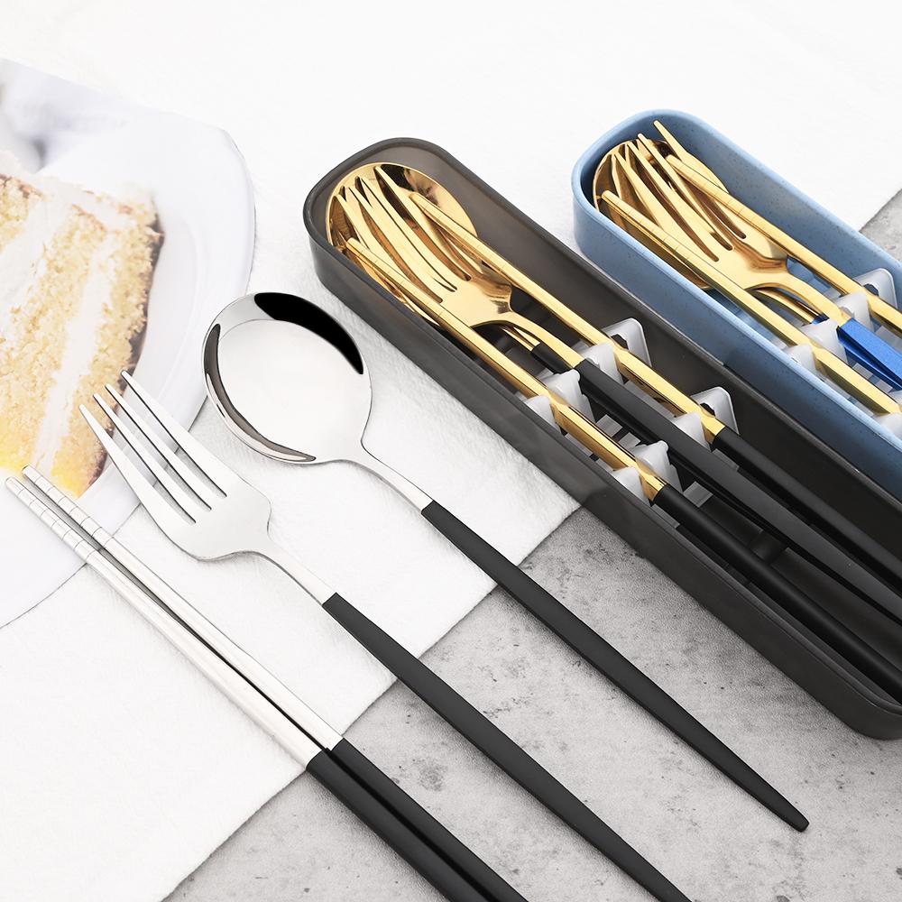 Gold Geschirr Set Reise Camping Besteck Gabel Löffel Stäbchen Set Geschirr Mit Tragbare Box Edelstahl Besteck Set