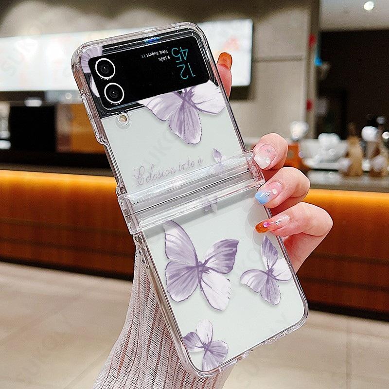 For Samsung Galaxy Z Flip5 Flip6 Butterfly Pattern Clear Folding Phone Case Transparent Hard PC Cover For Samsung Z Flip 6 5 4 3