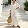 Beach Dress for Women Summer Maxi Women, V-Neck Casual Oversized Boho Long Elegant Dress, Sleeve Button Up Vacation Sundress with Pockets Lightweight