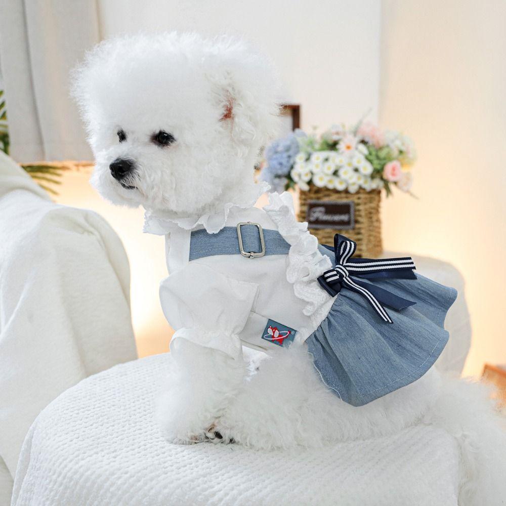 Reusable Pet Denim Dress With Bow Pet Skirt Durable Dog Denim Skirt  Dog Walking